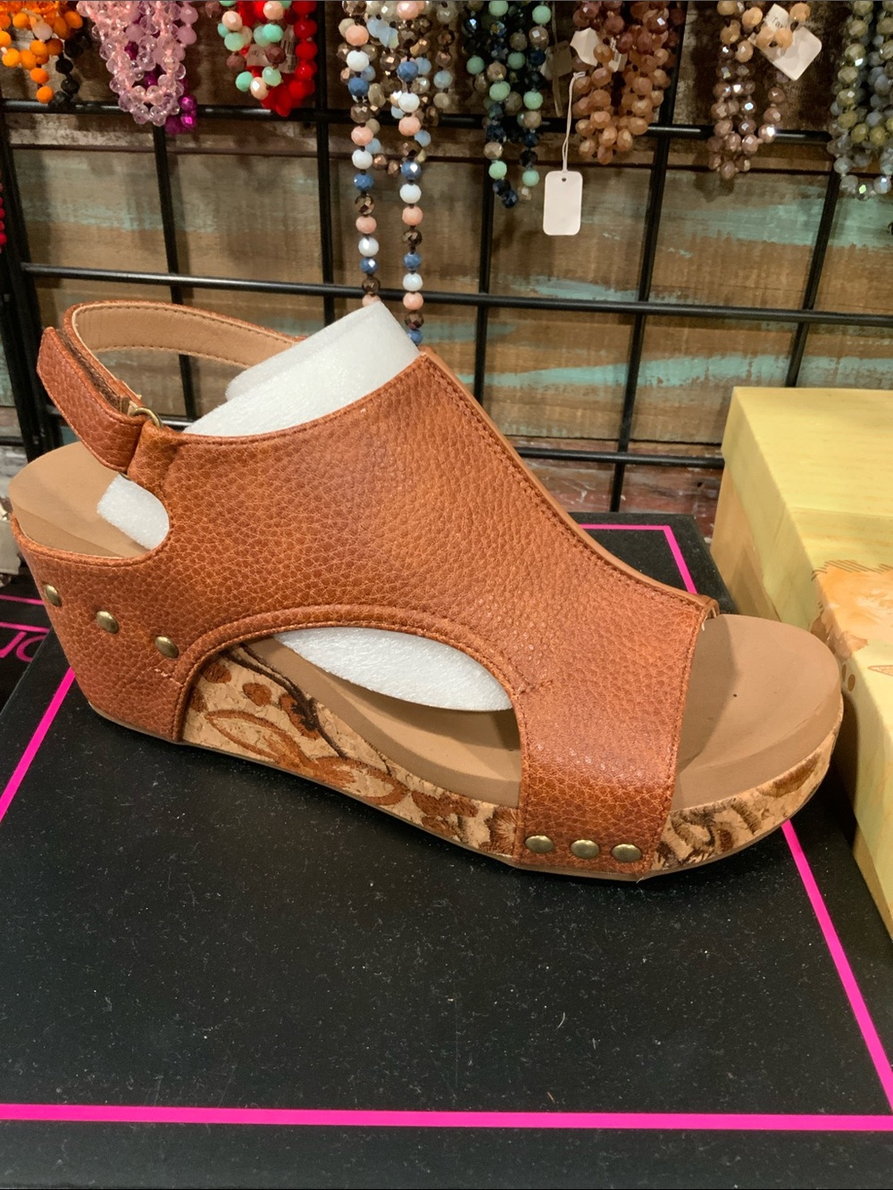 Corkys Cognac Tumbled Leather Platform Wedge Sandal - Picture 2 of 4